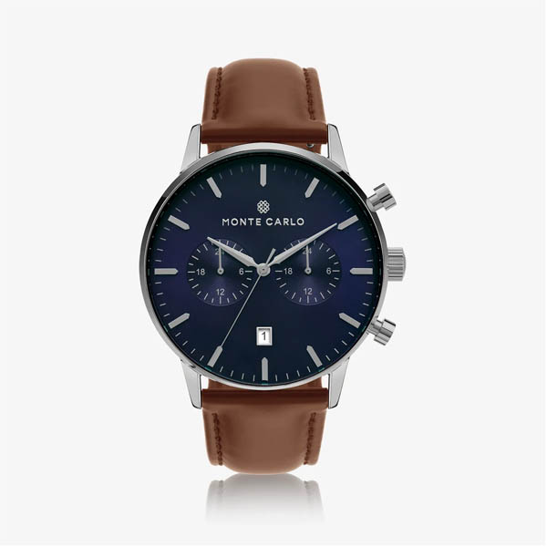 Relógio Monte Carlo Multi Dual Time Masculino em Couro Marrom e Mostrador Azul